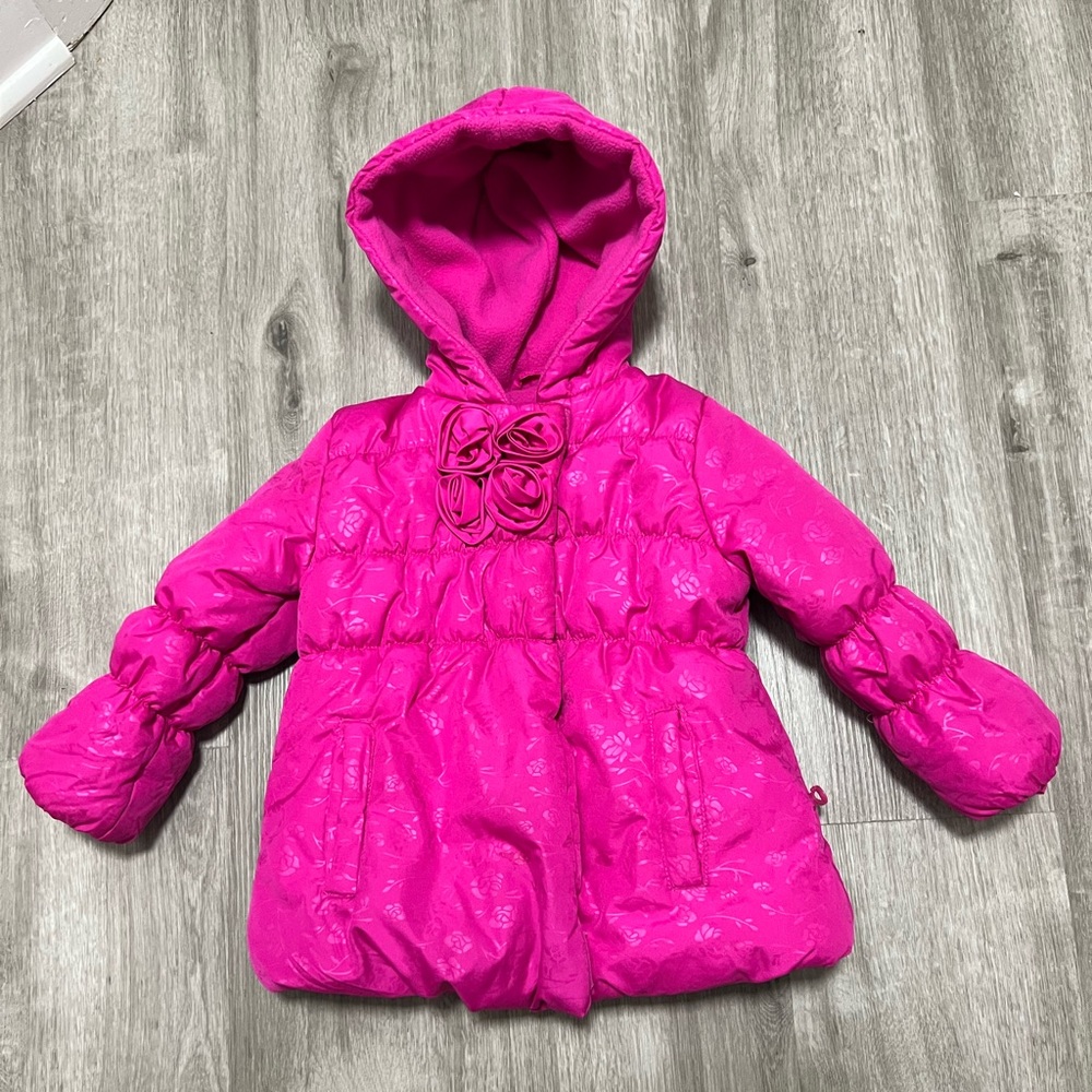 Rothschild Girls Pink Hooded Puffer Jacket w/ flower details, size 24 months